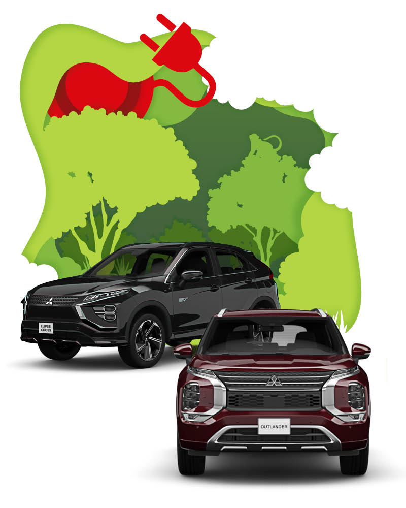Zu sehen ist ein Mitsubishi Eclipse Cross und ein Mitsubishi Outlander vor einem weißen Hintergrund mit einem gezeichneten Waldstück